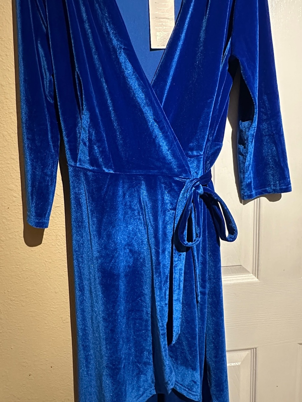 Royal Blue Asymmetrical Velvet Wrap Dress with Tie Waist